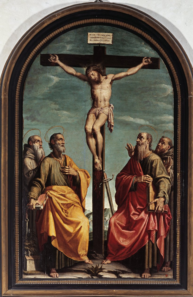 Aziz Peter, Paul, Romualdo ve Francis ile Çarmıha Gerilme (tuval üzerine yağlı boya by Italian School