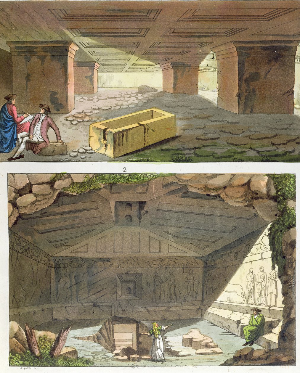 Etrüsk Mezarlarının Keşfi, c.1820 (renkli gravür) by Italian School