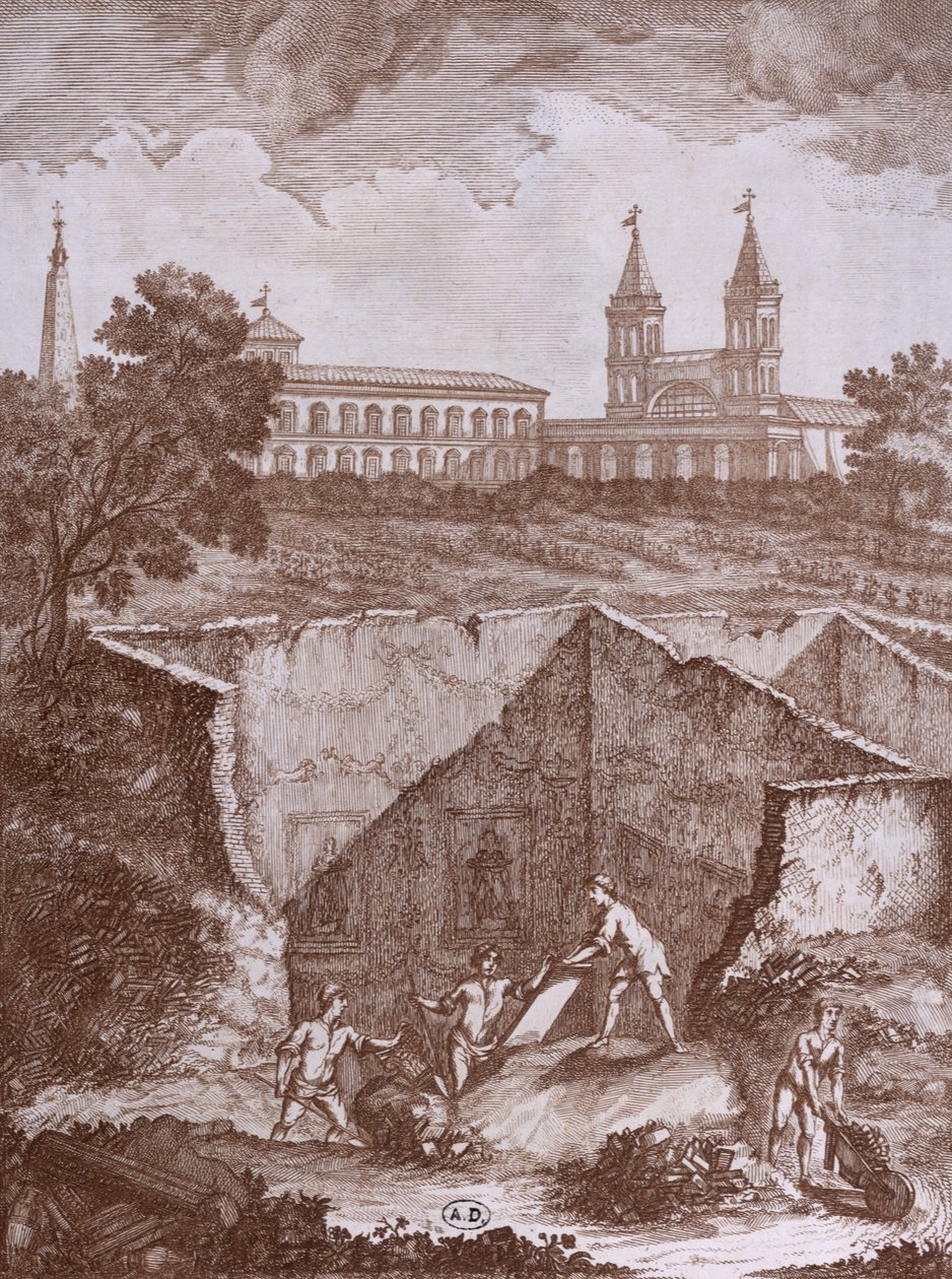 1780'de Roma'da Bir Evin ve Fresklerin Keşfi, Peintures antika retrouvees lors dune fouille en 1780'den çizim, Roma 1783'te yayınlandı by Italian School