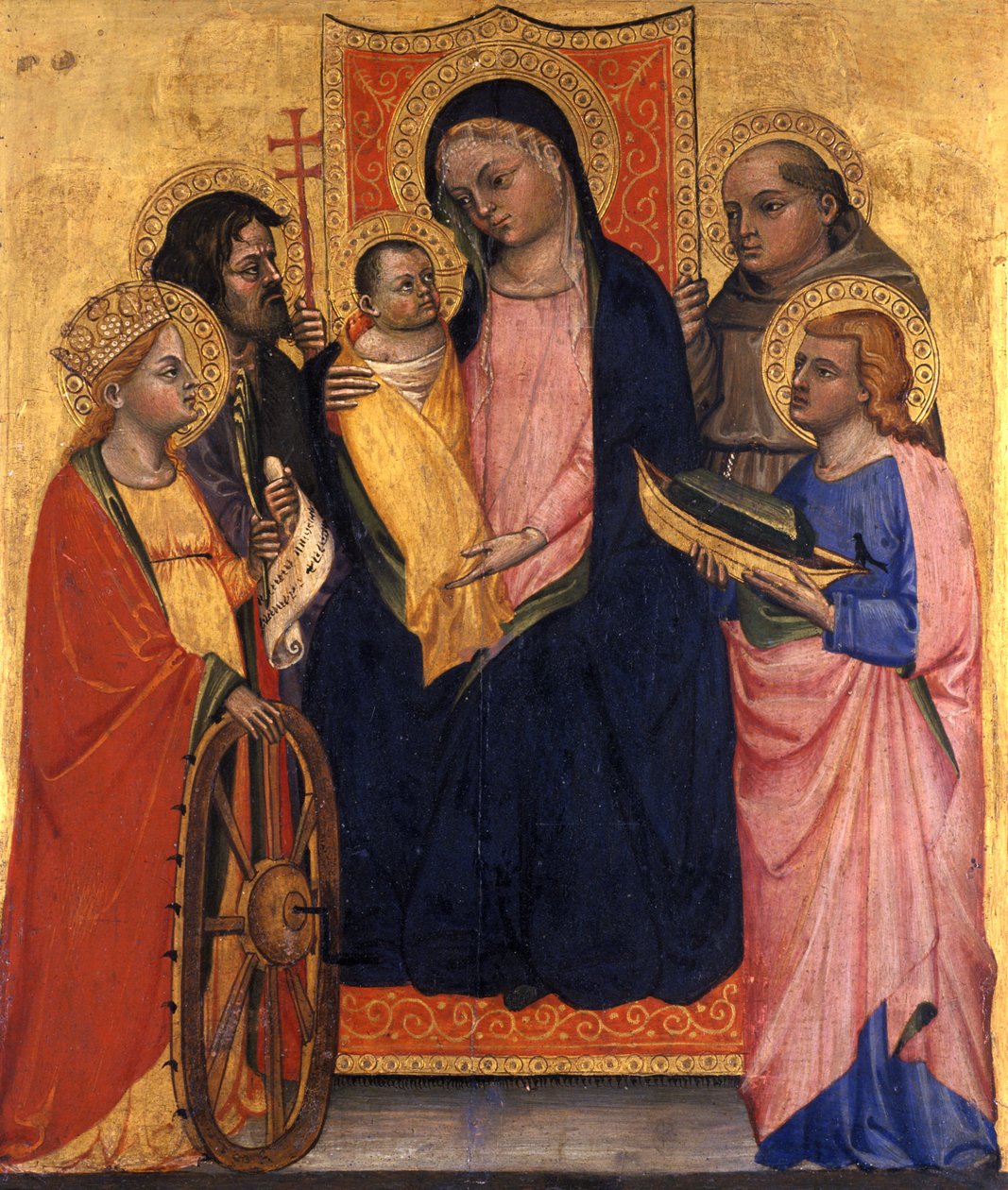 Enthroned Madonna and Child with Four Saints, c.1400 (kavak ağacı üzerinde tempera) by Italian School