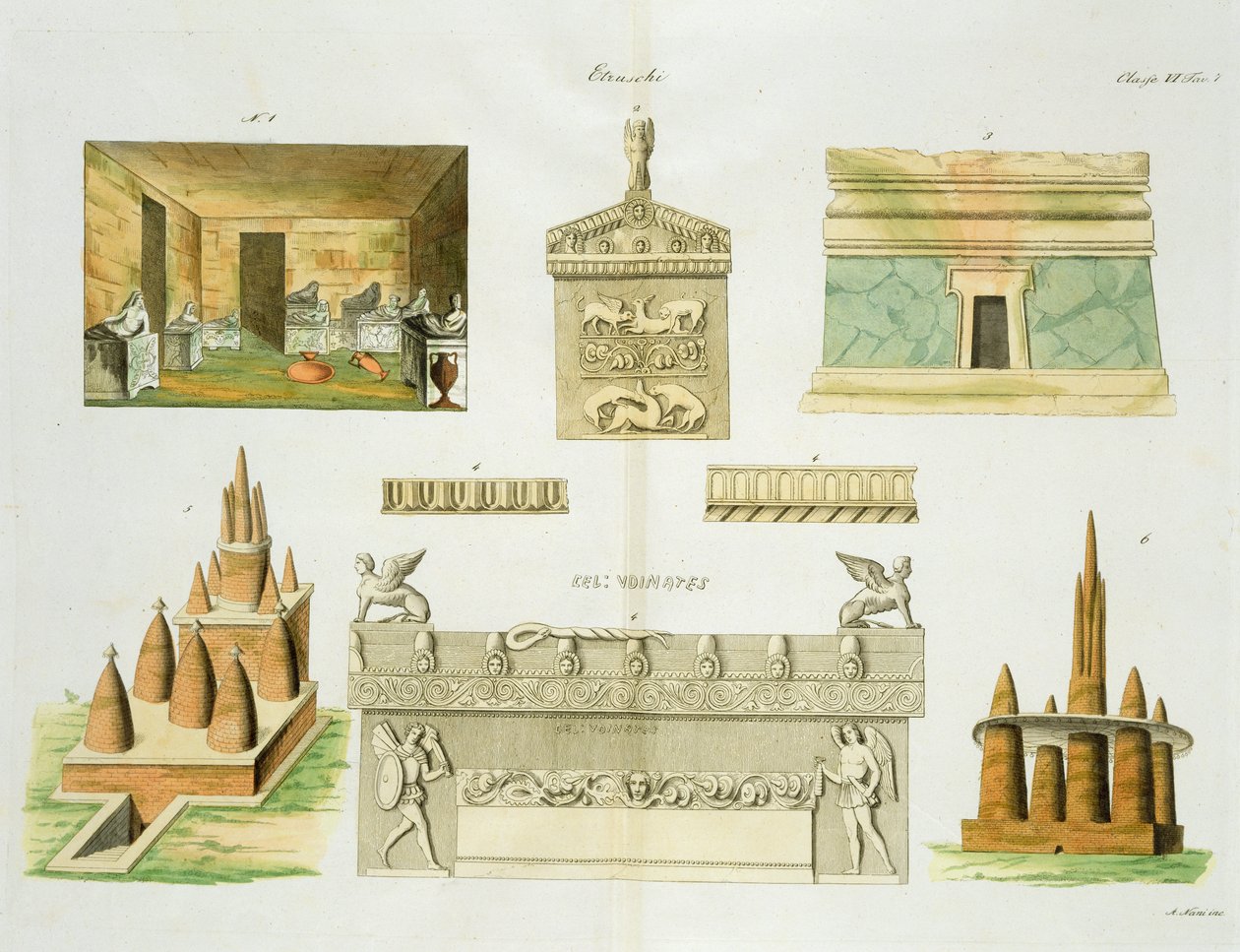 Etrüsk lahitleri ve mezarları, levha 7, Uluslar Tarihinin I. Kısmından 6. sınıf, A. Nani (aquatint) tarafından oyulmuş by Italian School