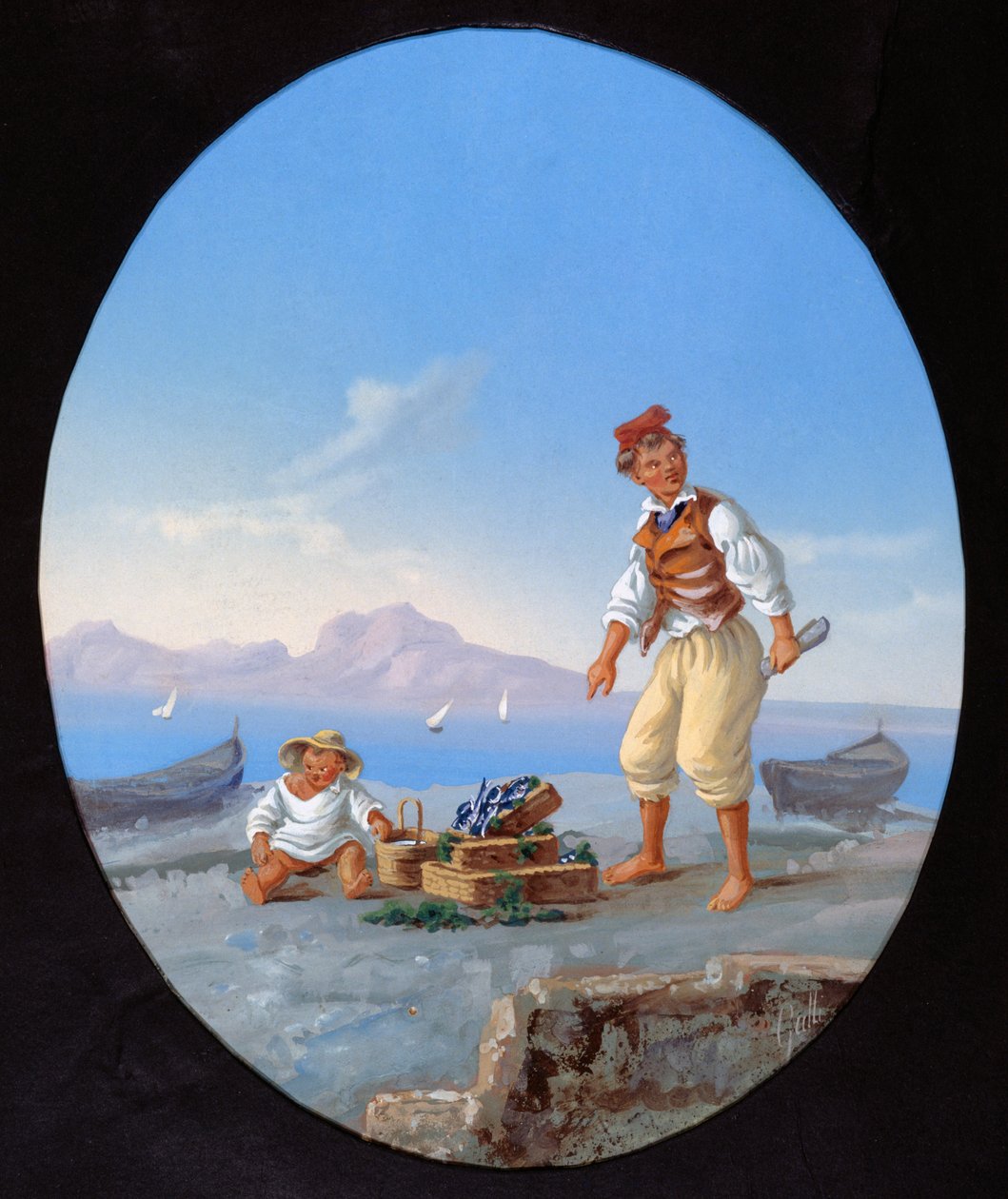 Arka planda Capri adası olan sahilde balıkçı by Italian School