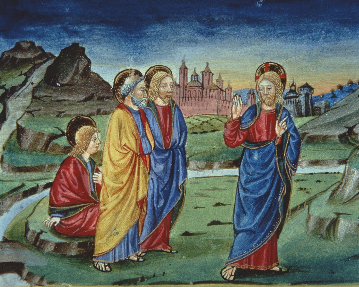 Fol.103v Biçim Değiştirmeden Sonra Mesih havarilere bunu Diriliş sonrasına kadar açıklamamalarını söyler (parşömen) (detay) by Italian School