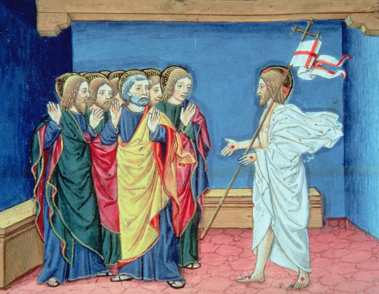 Fol.132va Dirilen Mesih, öğrencilerine ellerini ve yan tarafındaki yarayı gösterir (parşömen) by Italian School