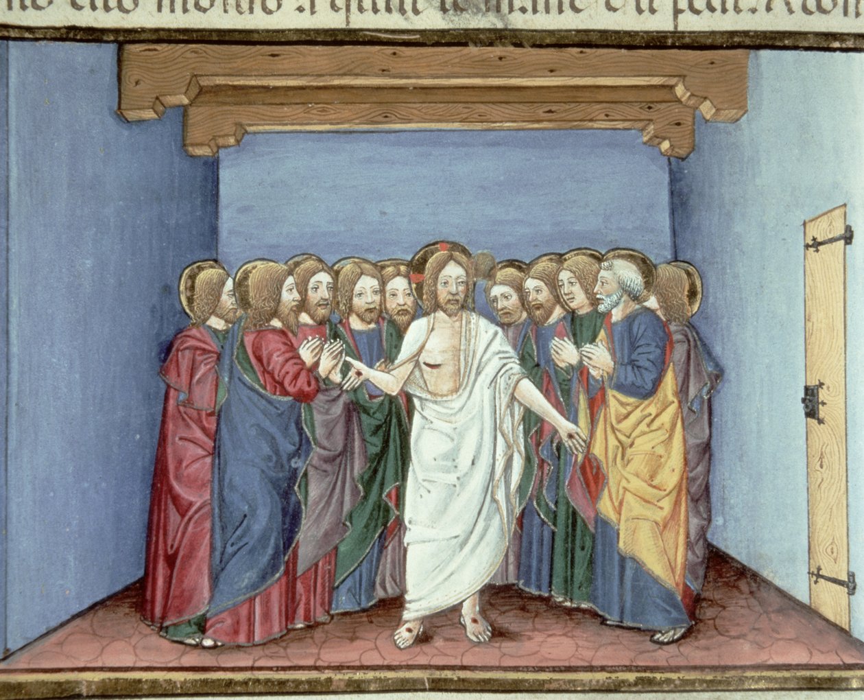 Fol.135v İsa Yargıçlardan Korkup Tek Bir Çatı Altında Toplanan Havarilere Görünüyor (parşömen) by Italian School