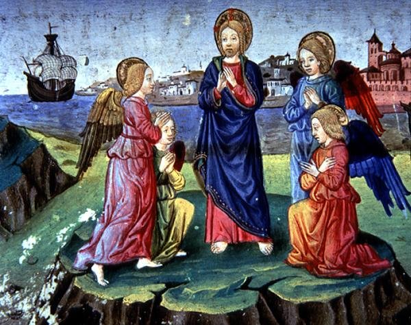 Fol.83r Mesih bir melek çemberi tarafından korunmaktadır (parşömen) by Italian School