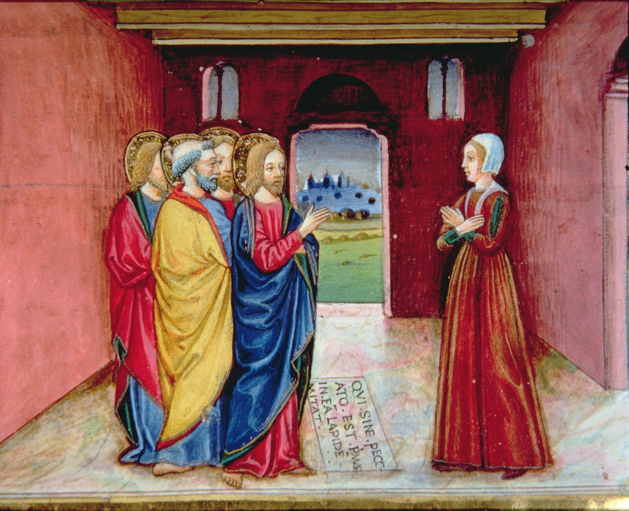 Fol.89v Mesih, zina yapan kadını artık günah işlememesi konusunda uyarır (parşömen) by Italian School