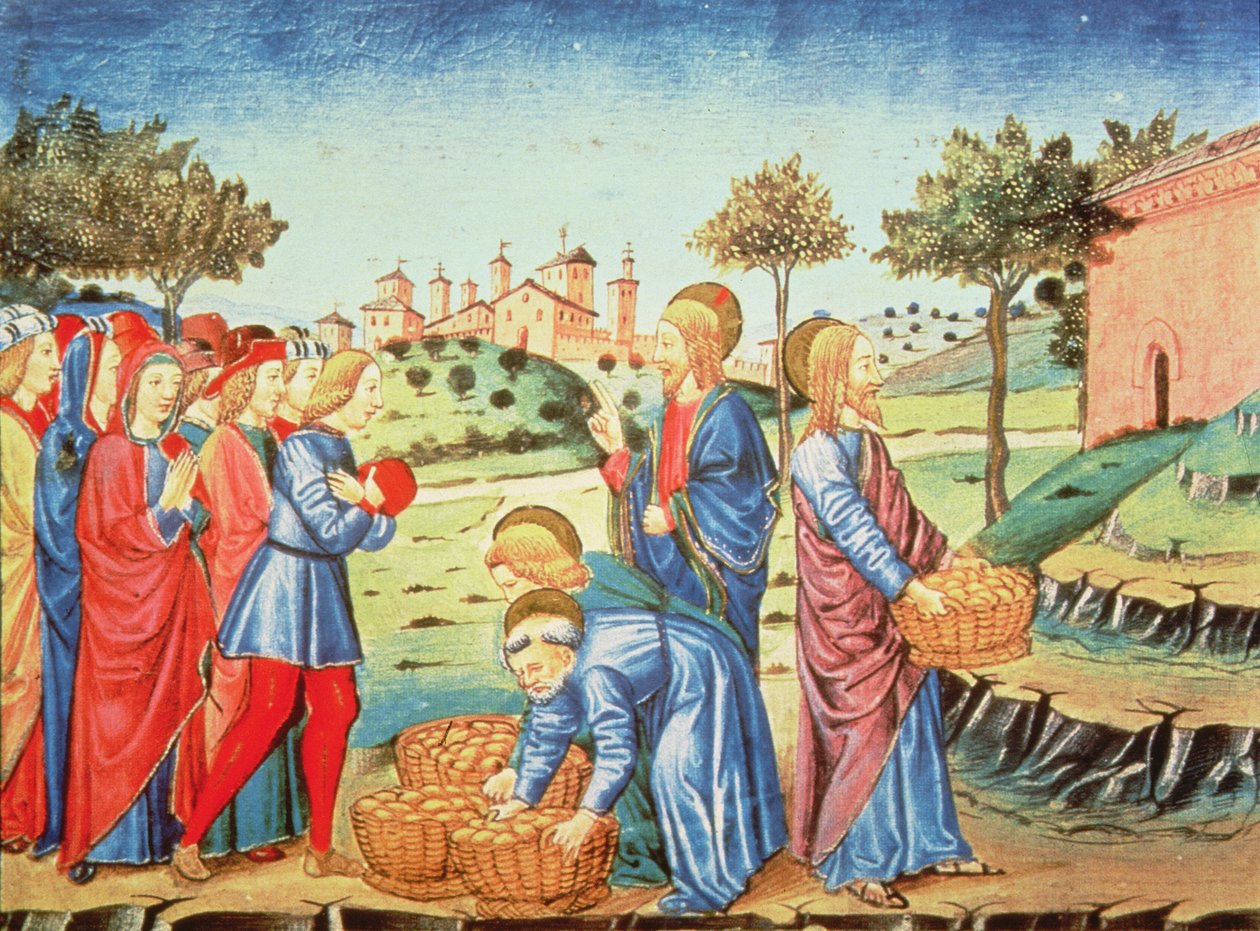 Fol.90v İsa ve beş somun ve iki balığın mucizesi (parşömen) by Italian School