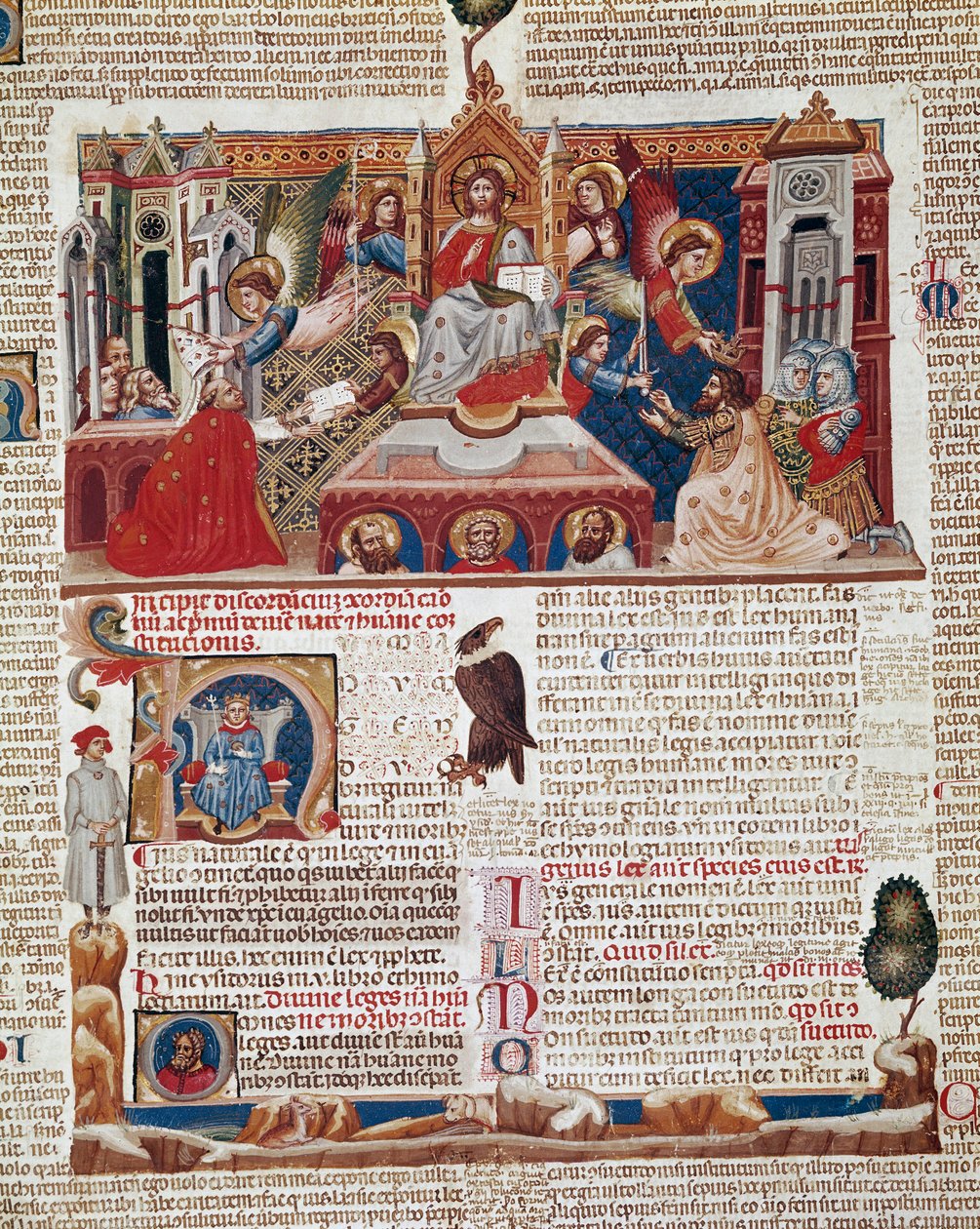 1140 tarihli ve Roma Katolik Kilisesi kanunlarını ve kanunlarını düzenleyen “Decret de Gratien” (“Concordia discordantium canonum” veya “Decretum Gratiani”) el yazmasının ön sayfası. 14. yüzyıl Siena, Biblioteca degli Intronati by Italian School