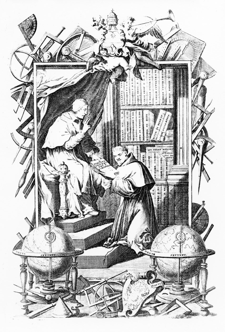 Sacred-Profane Universal Library için Frontispiece, Cilt 1, Vincenzo Coronelli, baskı Alessandro dalla Via tarafından yapıldı, 1701