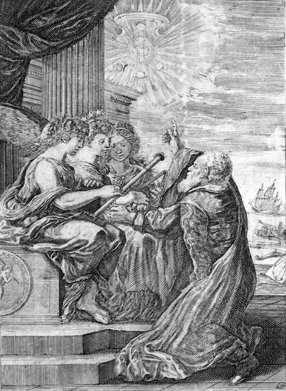 Galileo, gökbilimci (1564 - 1642) teleskopu üç lütuf sunar. Sağ eliyle, kendisi tarafından keşfedilen ve Medici ailesine adanan uydularıyla Jüpiter gezegenini gösterir. Frontispice de “”Opere di Galileo”” Bologna by Italian School