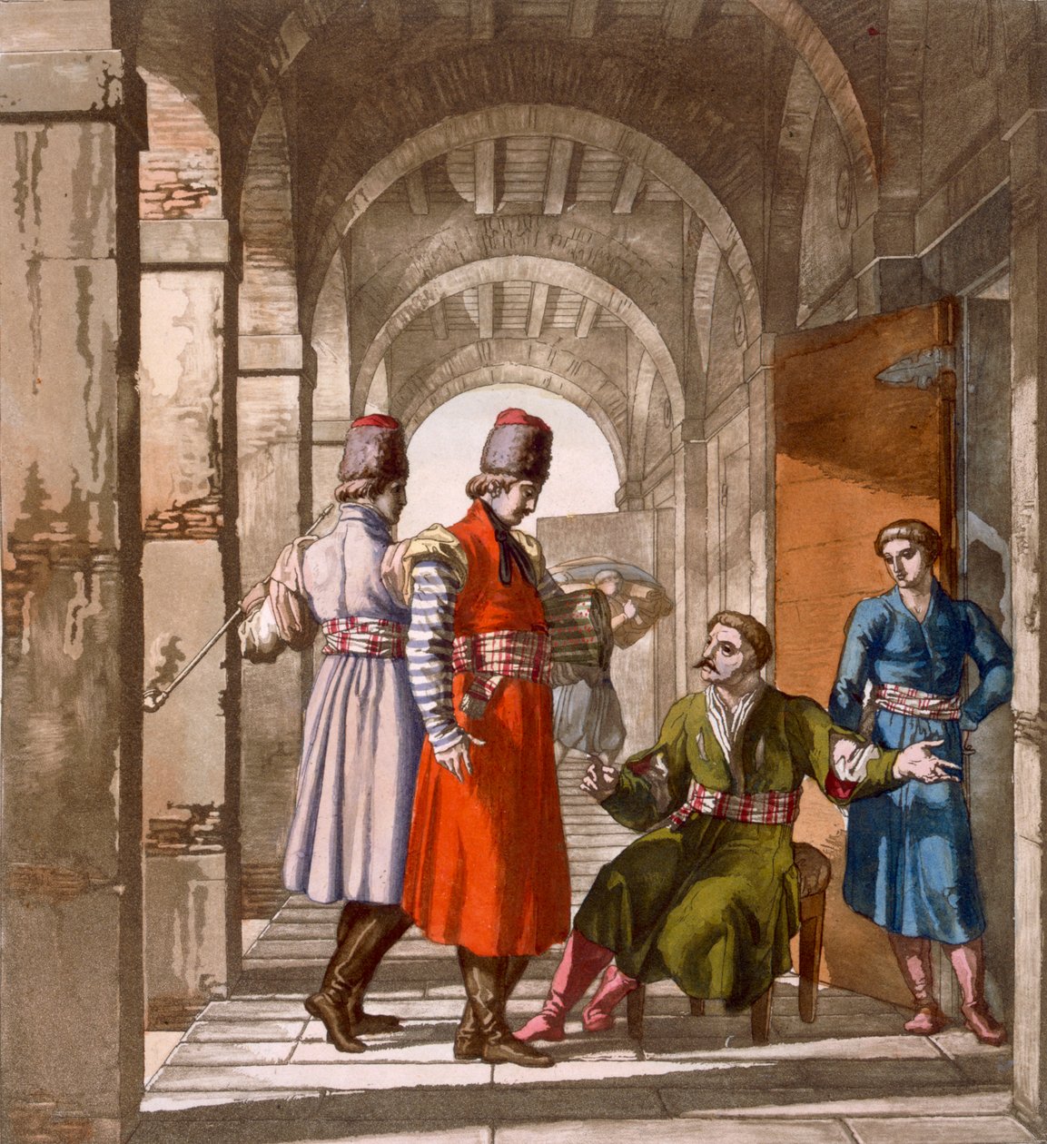 Bir atari salonunda sohbet eden ve sigara içen Gürcü erkekler, 1820