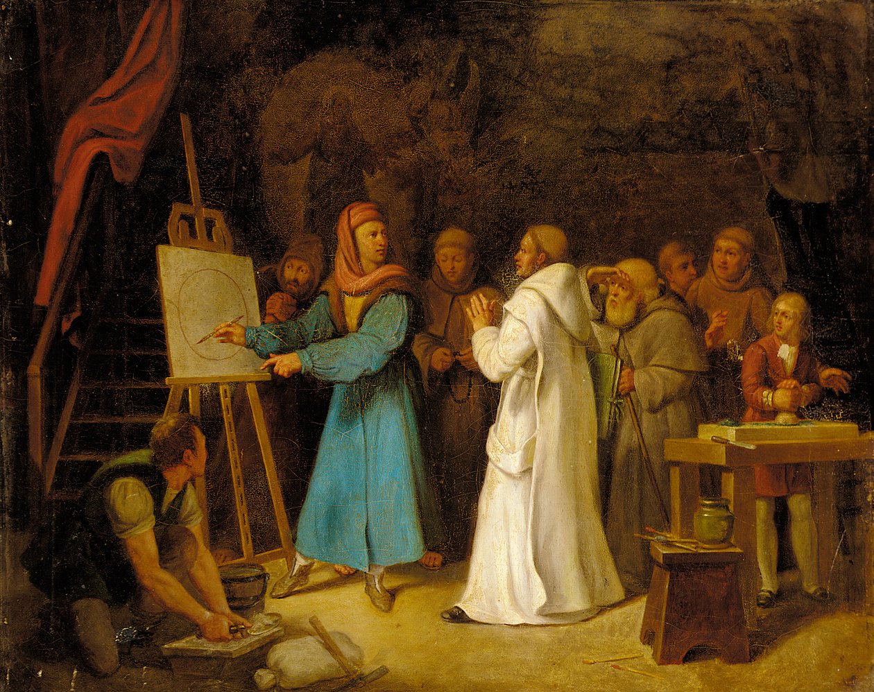 Giotto, stüdyosunda çizim sanatını sergiliyor by Italian School