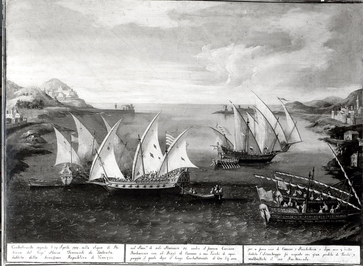 Venedik Kaptanı İvanoviç da Dabrota ile Türk Korsan Barbarossa arasındaki Patras açıklarında olay, 17 Nisan 1751 by Italian School