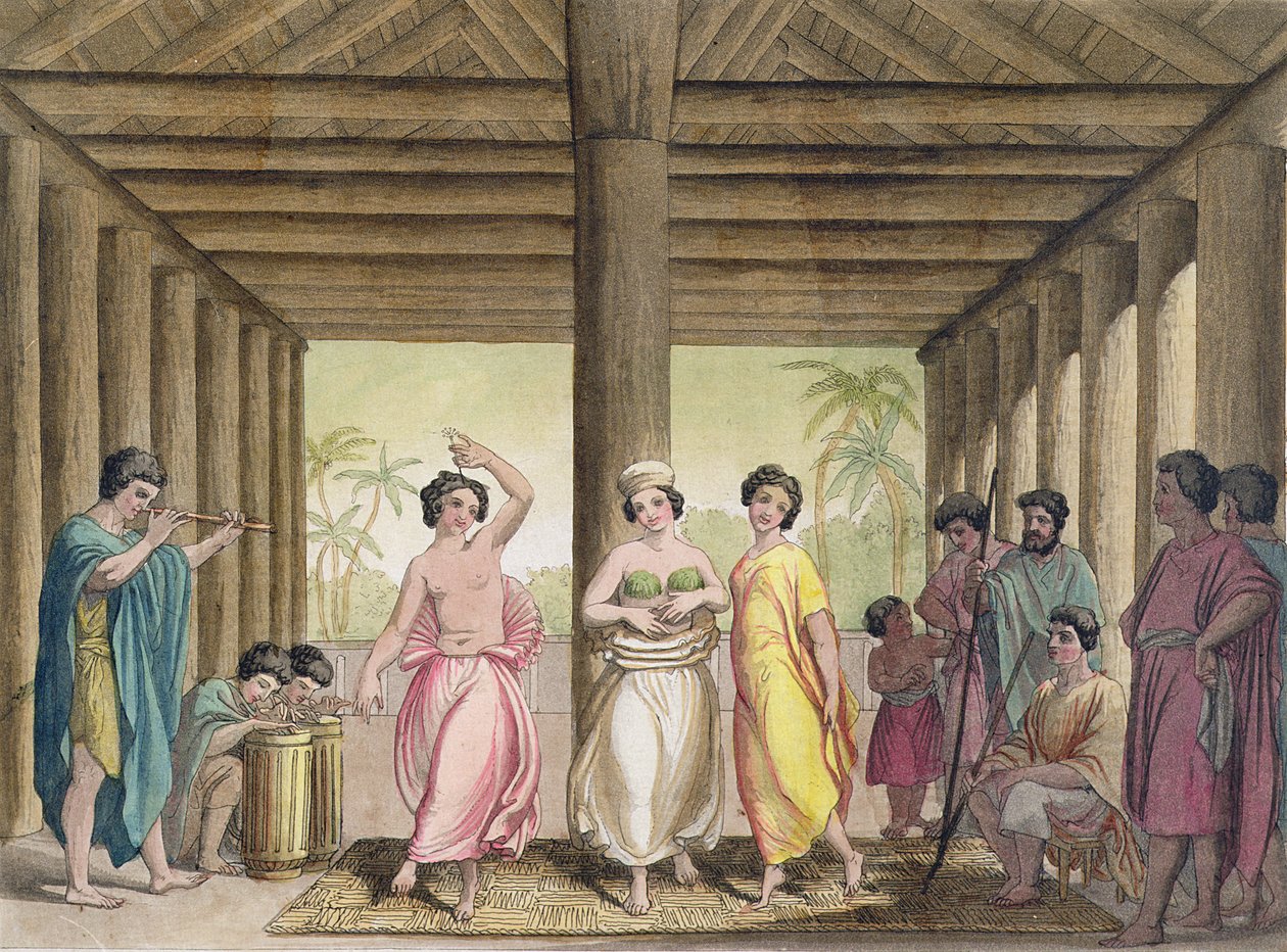 Dans eden kızlarla bir Tahiti evinin içi, 19. yüzyılın başlarındaki seyahat kitaplarından oluşan bir koleksiyondan illüstrasyon by Italian School