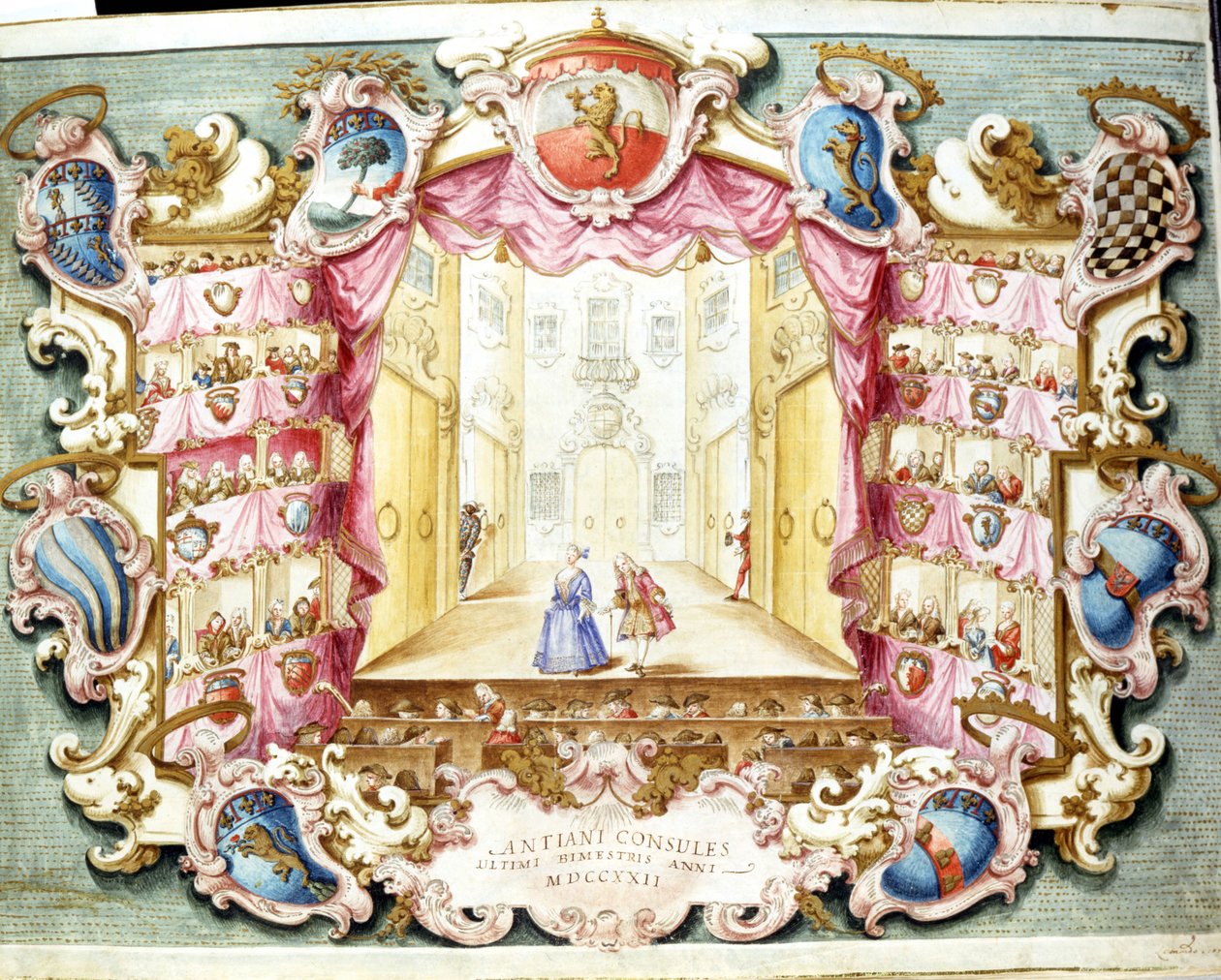 1722'de Bologna'daki Theatre de la Sala'nın içi. Dönemin baskısı. Devlet Arşivleri, Bologna. by Italian School