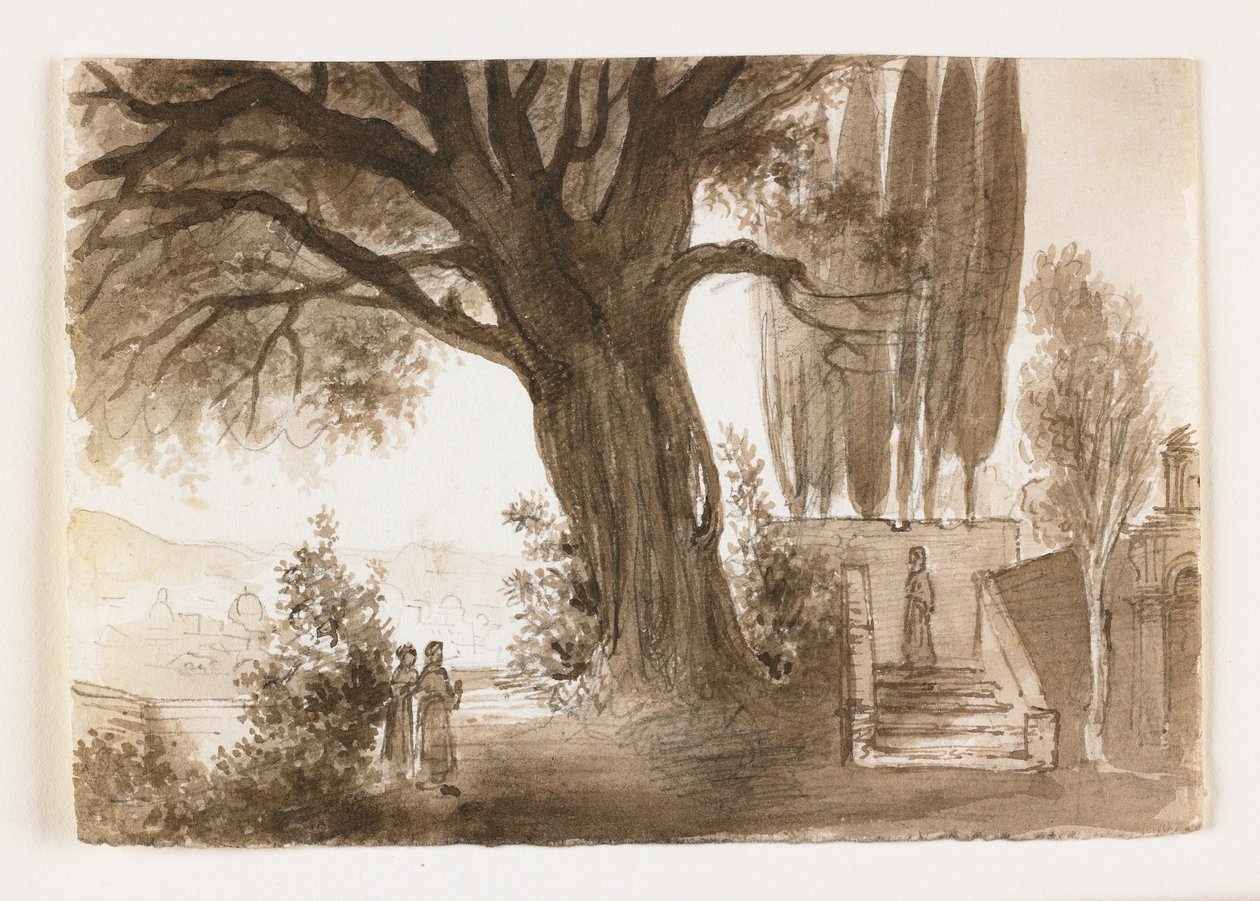 Meşe Ağacı ile İtalyan Manzarası, 19. yüzyılın başları (kalem ve kahverengi mürekkep ve tebeşir üzerine yıkama) by Italian School