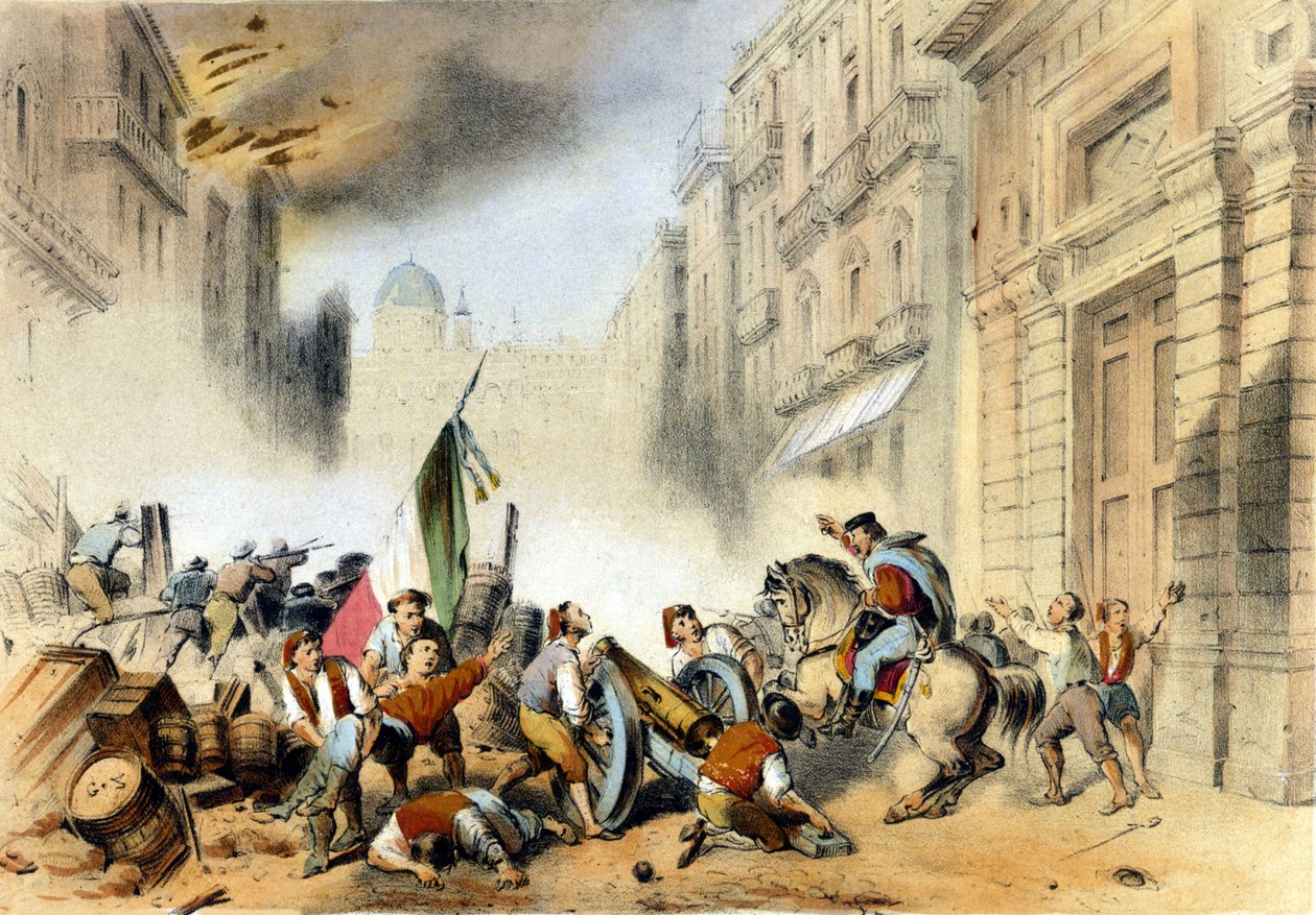 İtalyan Birliği: 26/05/1860 tarihinde, Giuseppe Garibaldi, Kırmızı Gömleklilerinin başında, Binler Sicilya'da Palermo'ya girdi ve Napoli Bourbons krallığına kesin bir darbe indirdi. 19. yüzyıl gravürü by Italian School