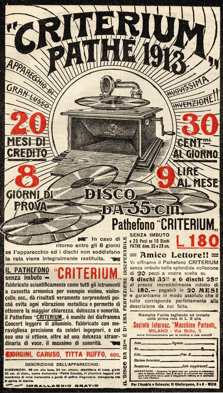 Pathé markalı Criterium gramofonun İtalyanca reklamı. by Italian School