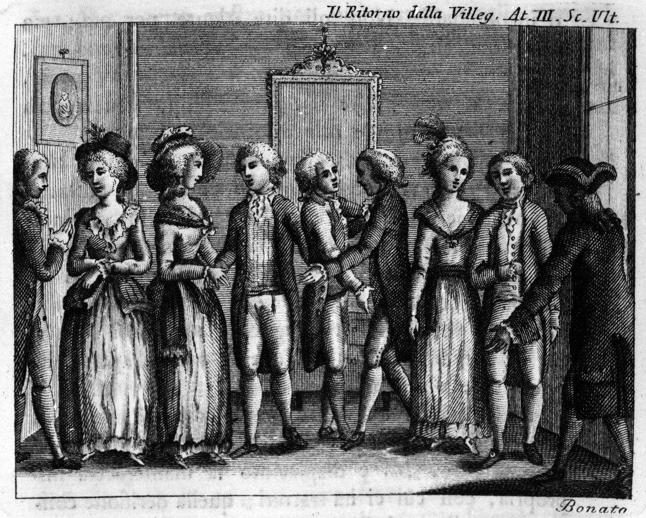 Carlo Goldoni (1707-1793) tarafından yazılan “” Ritorno della villeggiatura” (Şehrin Dönüşü) (1761) adlı çizgi romanın III. Perdesinin son sahnesi. 18. yüzyılın gravürü. by Italian School