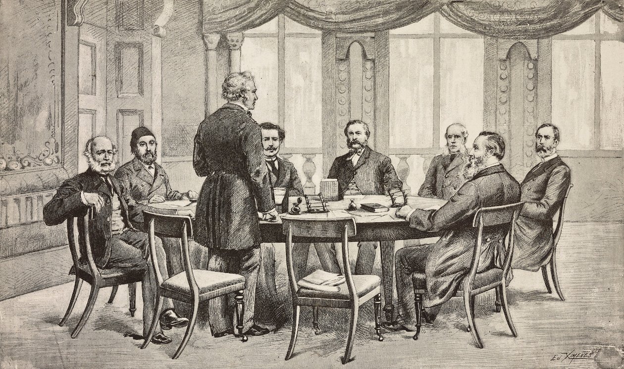 Mısır üzerine Londra konferansı, Birleşik Krallık: Kont Munster, Musurus Pasha, Granville (ayakta), Count Nigra, Waddington, De Staal, Childers, Count Karolyi, Edoardo Ximenes