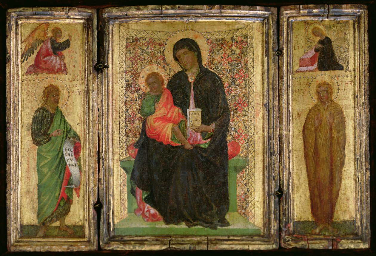 Madonna ve Çocuk Enthroned (L-R) Vaftizci Yahya ile yukarıda Müjde Meleği ve St. Mary Magdalene yukarıda Bakire Müjde ile, c.1360-70 (panelde tempera) by Italian School