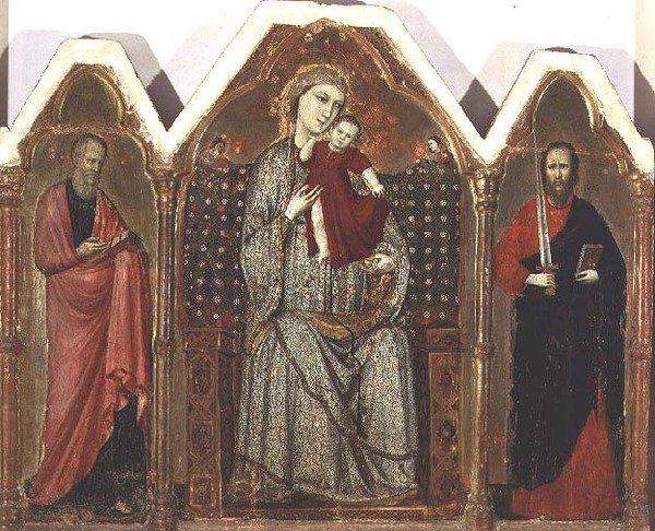 Madonna ve Çocuk Enthroned, SS ile. John the Evangelist ve Paul, Riminese Okulu (üç parçalı panel) by Italian School