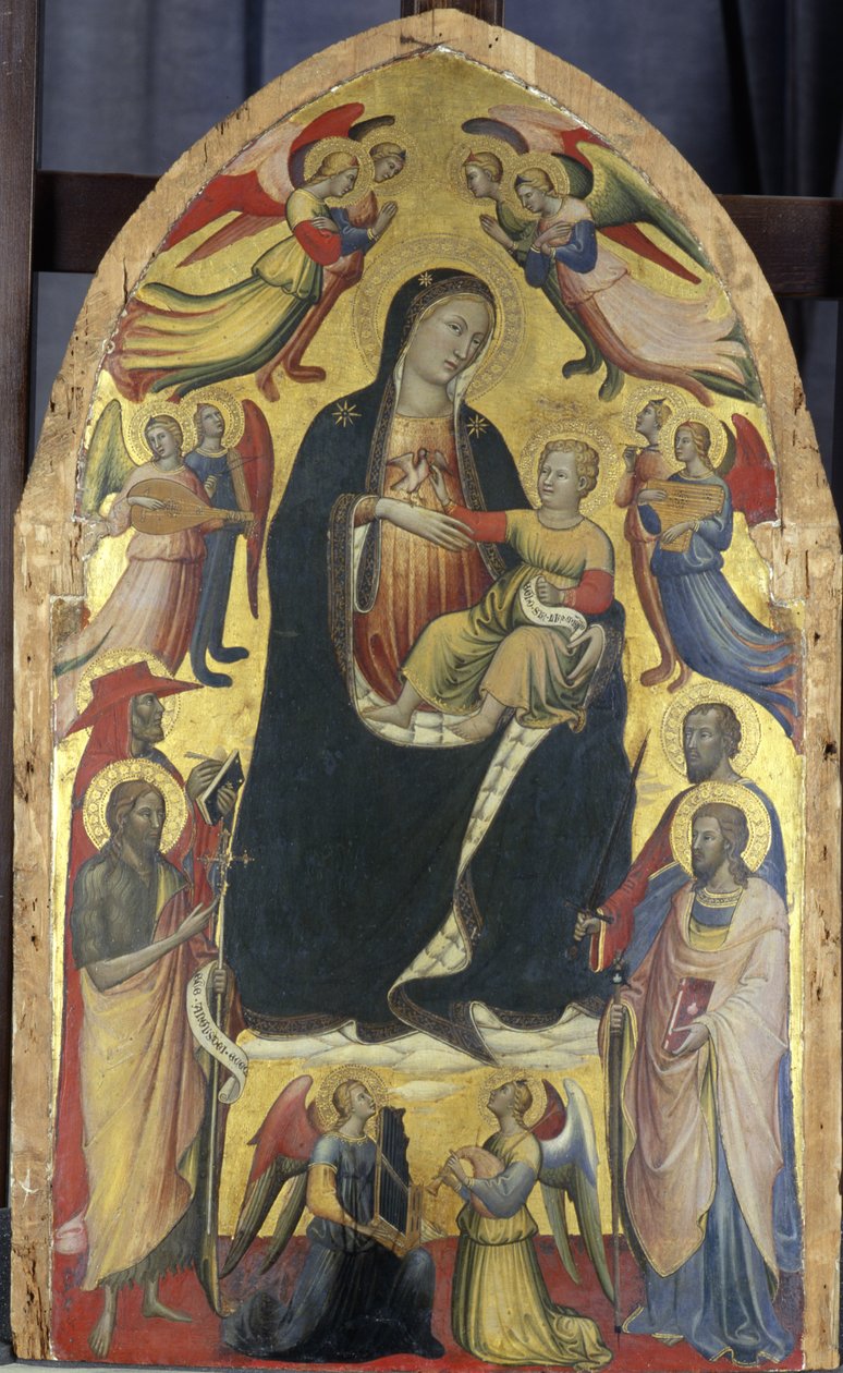 Azizler ve melekler ile bulutların tahtında Madonna ve Çocuk, c.1415-20 (kavak ağacı üzerinde tempera) by Italian School