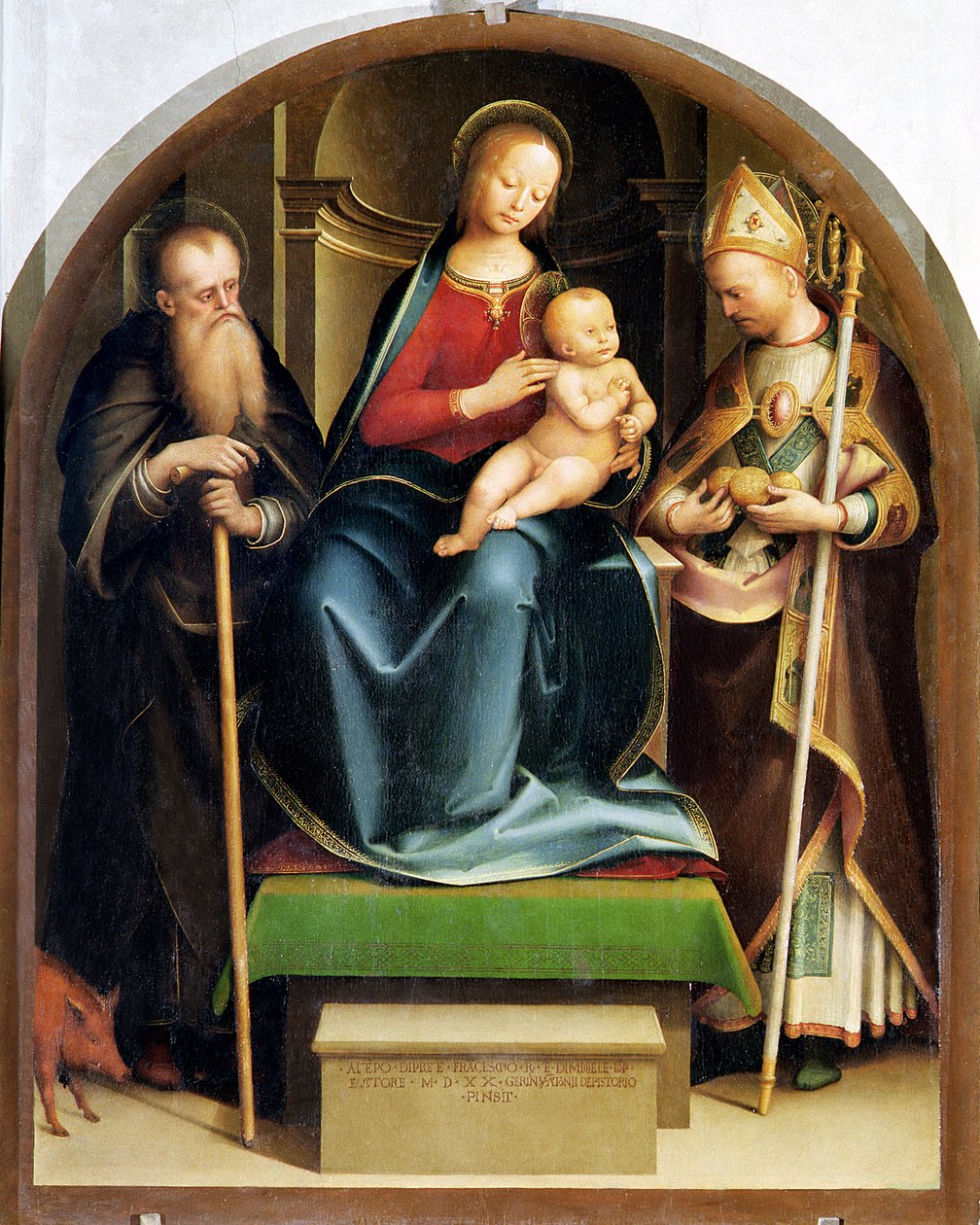 Aziz Anthony Abbot ve Bari Aziz Nikolaos ile Madonna ve Çocuk, 1520 by Italian School