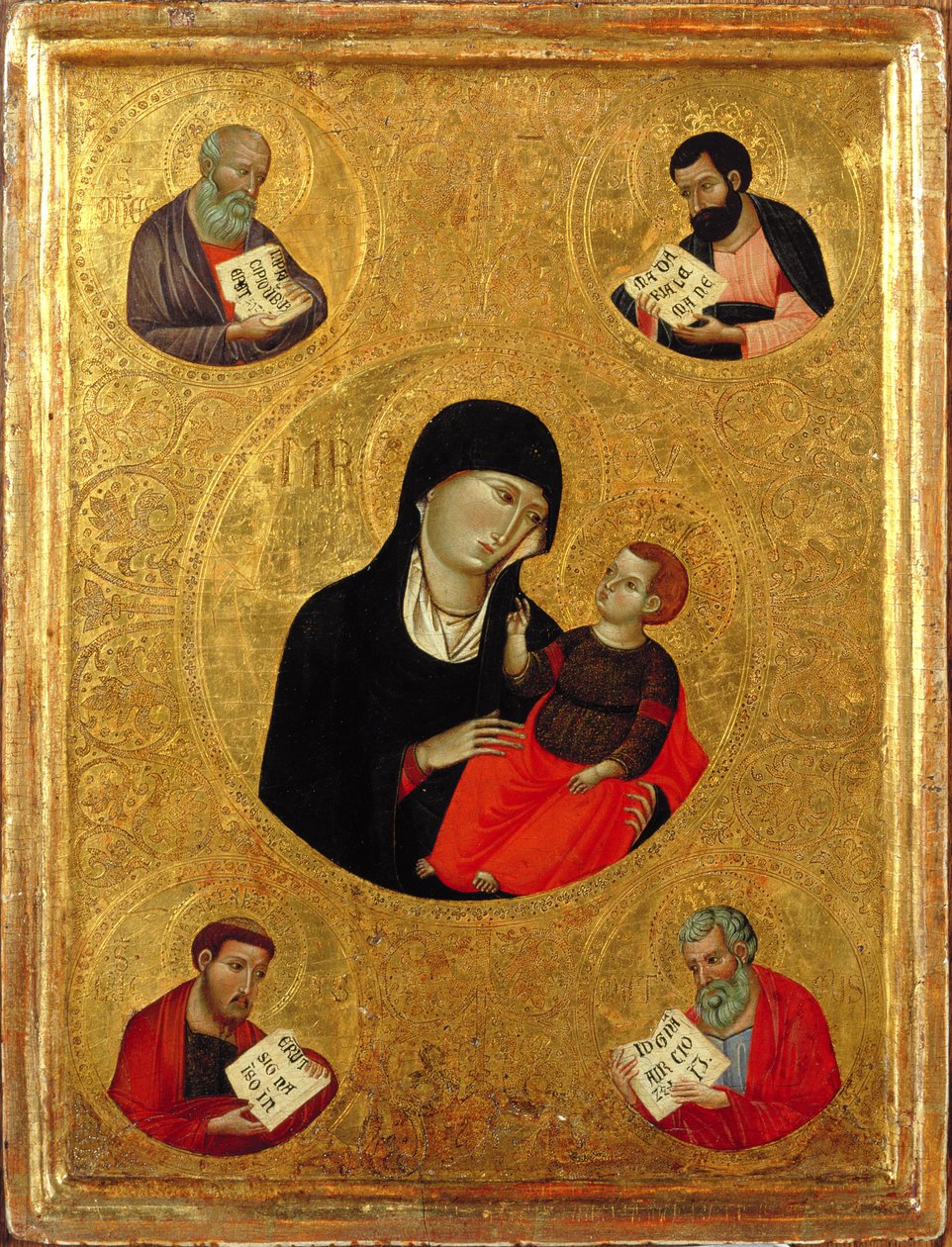Dört Evanjelistle Madonna ve Çocuk (panelde tempera ve altın varak) by Italian School