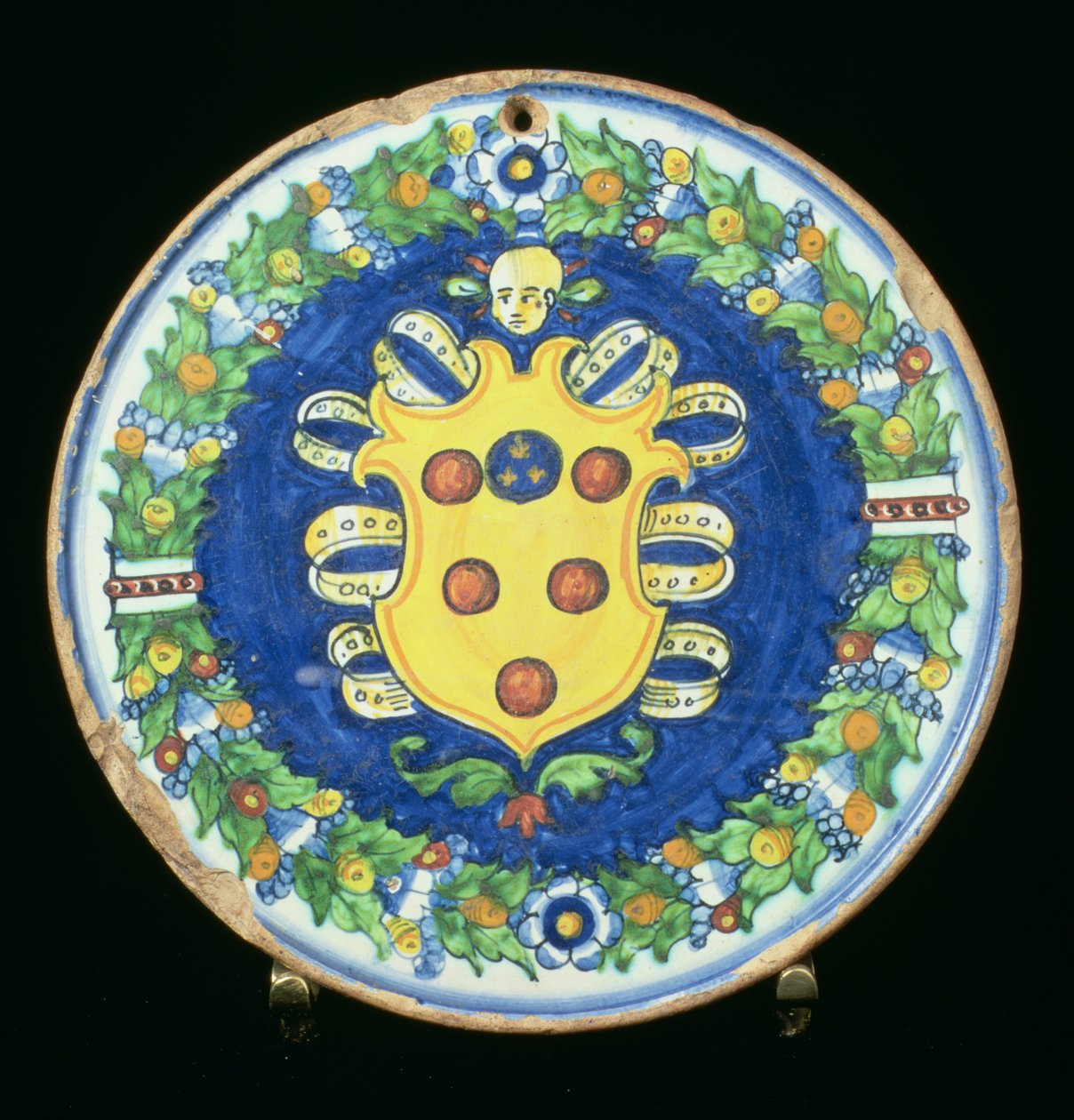 Medici armasını taşıyan Maiolica plakası, kenarlıklı yeşillik ve meyve, İtalyan, 16. yüzyıl by Italian School