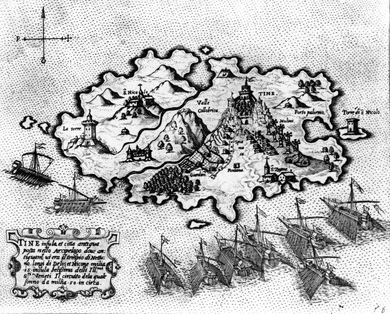 Venedik filosu ile Tinos Adası Haritası, 17. yüzyıl by Italian School