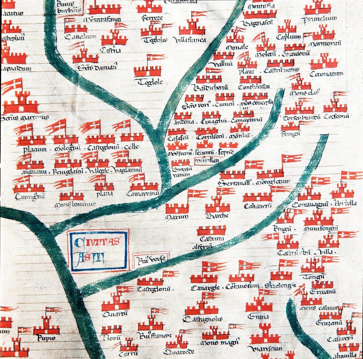 13. yüzyılda Asti kasabasına ait belediyeleri gösteren harita “Codex Astensis”ten (veya Malabayla) alınan Minyatür, 1065-1353 yılları arasında Asti şehri ile ilgili kronikler. 14. yüzyıl. Asti belediye başkanı koru by Italian School