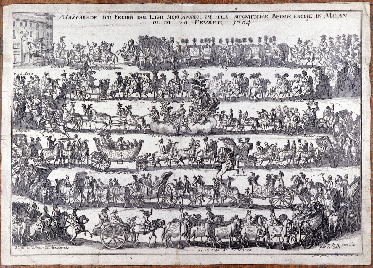 Maskeli balo: karnaval vesilesiyle insan maskelerinin alayı ve dansı. Milan 20/02/1764 18. yüzyıl gravürü by Italian School