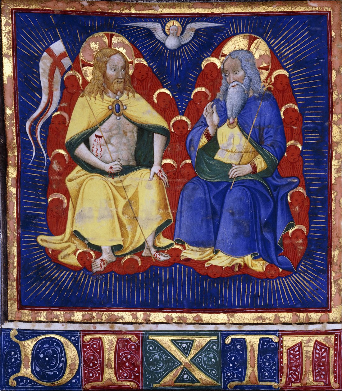 Master of the Vitae Imperatorum: The Trinity, parşömen üzerine ışıklı bir koro kitabından minyatür, c.1440 (parşömen üzerine boya ve cilalı altın) by Italian School