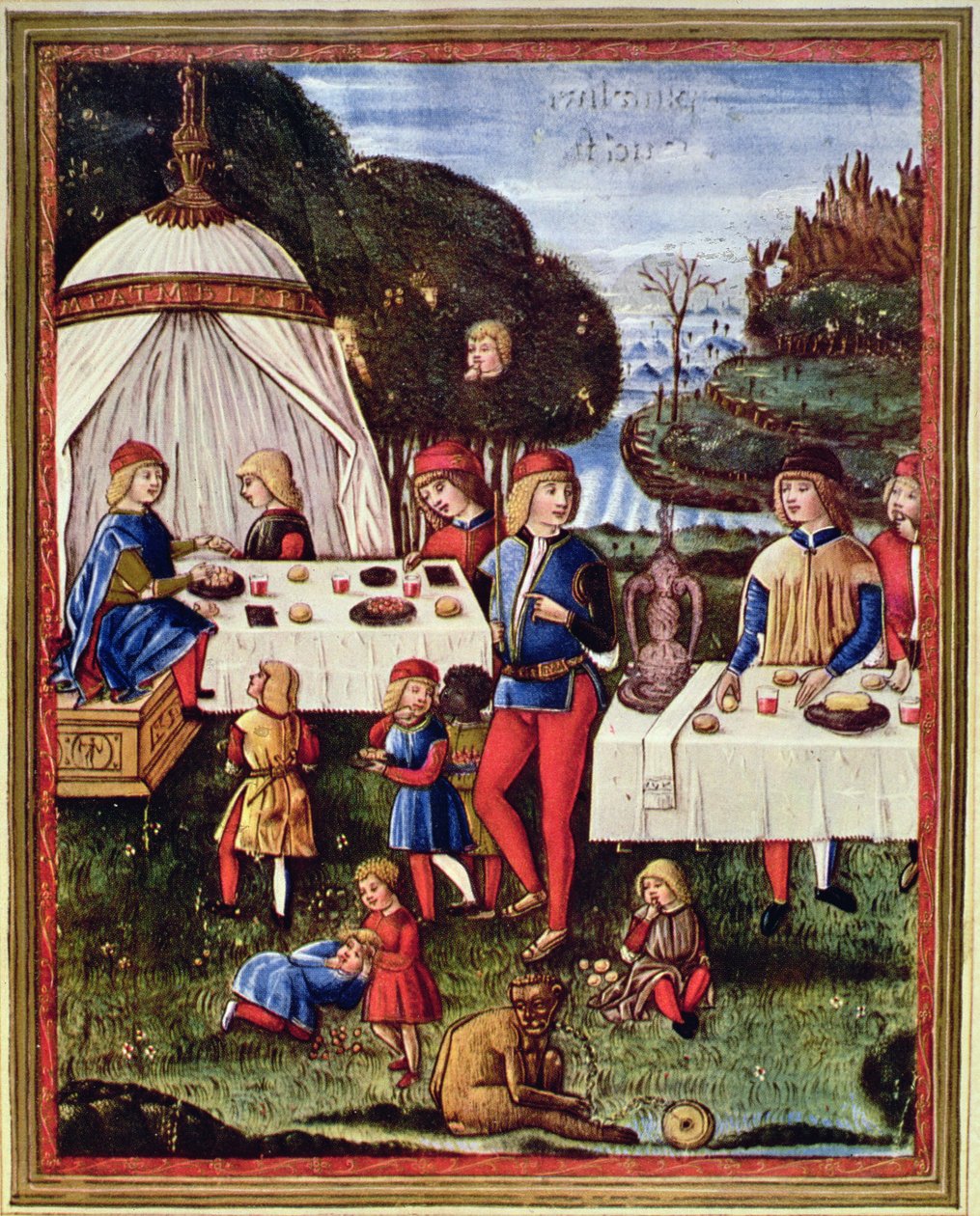 Maximilian Sforza, bahçede yemek yerken bir çocuk olarak, 'Ars grammatica' (velum) nüshasından bir çizim by Italian School