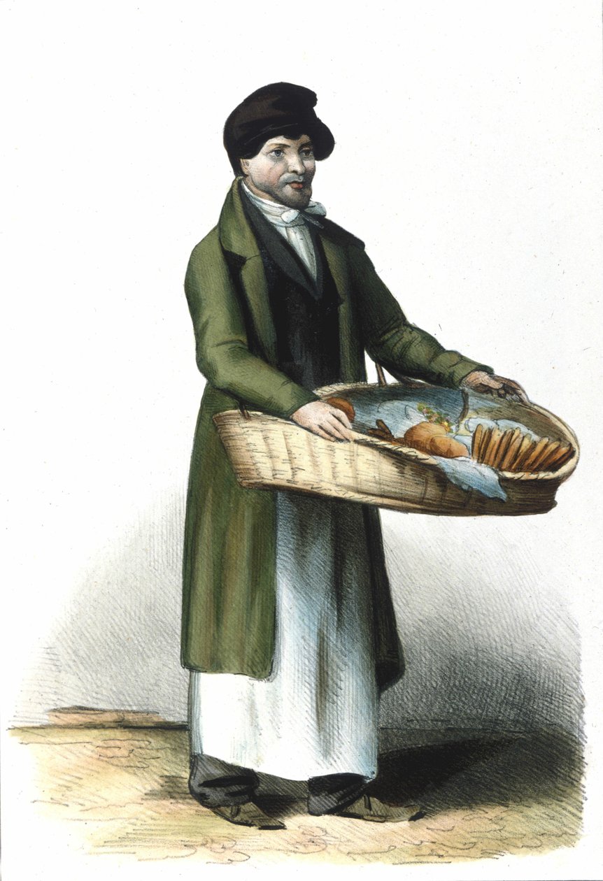 Milanese Metier: Bisküvi ve kek satıcısı. 1830 Locarno gravürü. by Italian School