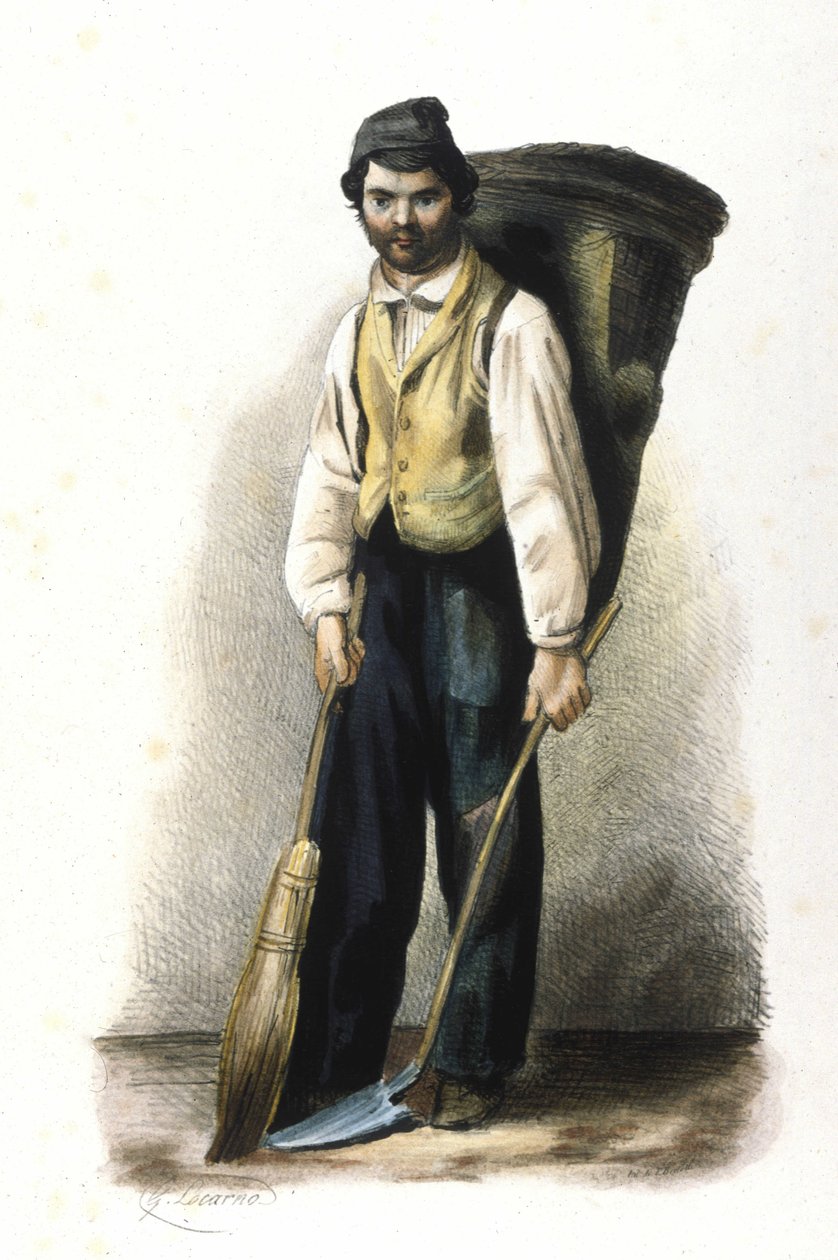 Milanese metier: bir sokak süpürücü. 1830 Locarno gravürü. by Italian School