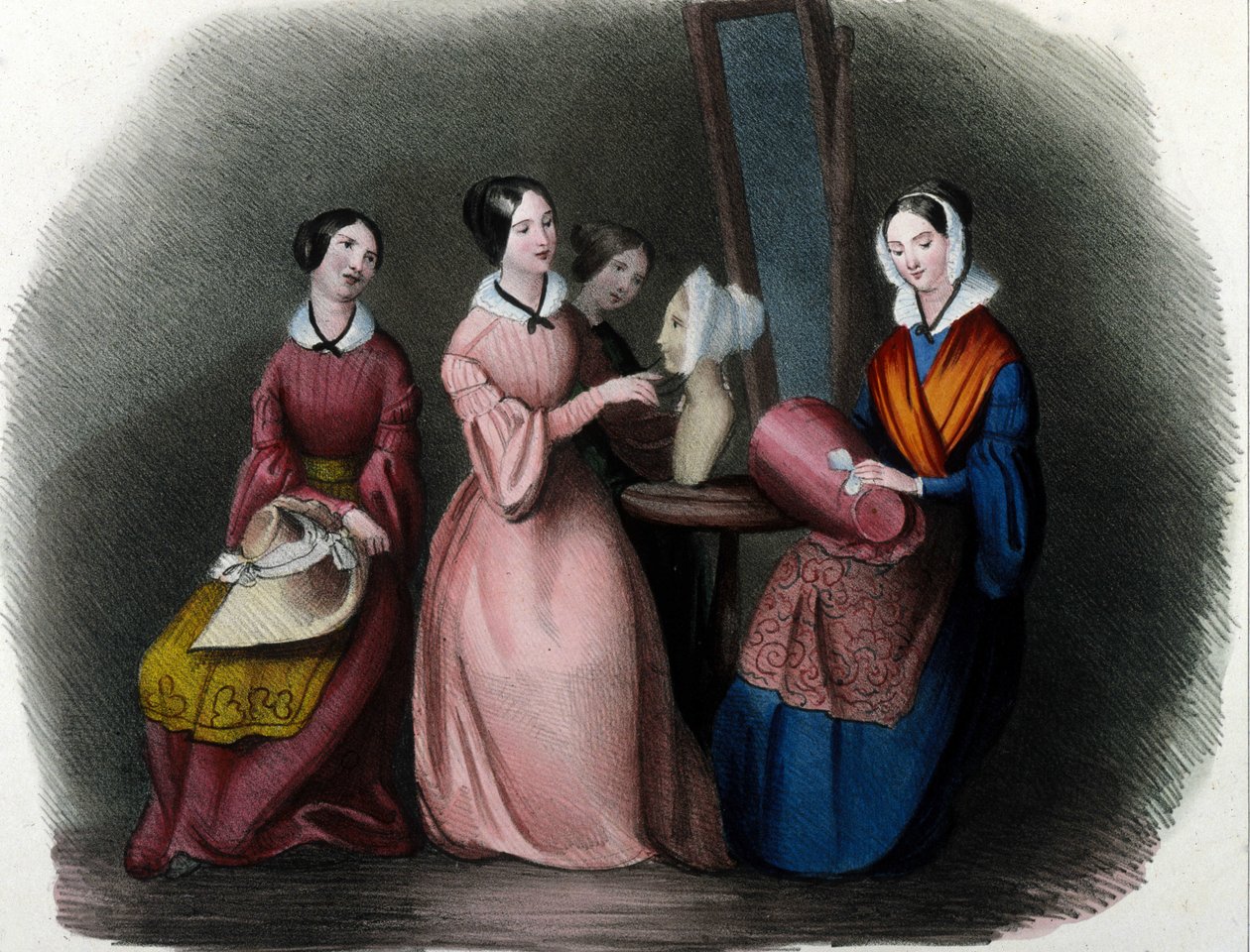 Milanese metier: genç kadınlar moda şapkalar. 1830 Locarno gravürü. by Italian School