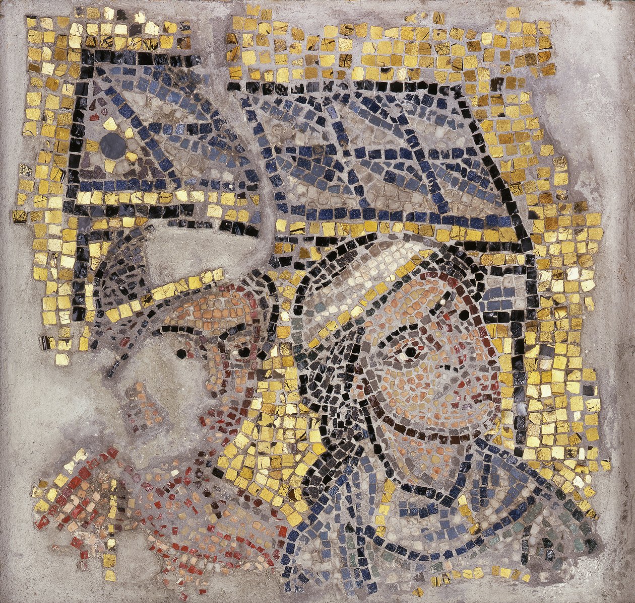 İki başlı mozaik pano ve arka planda bir bina, c.1213 (mozaik) by Italian School