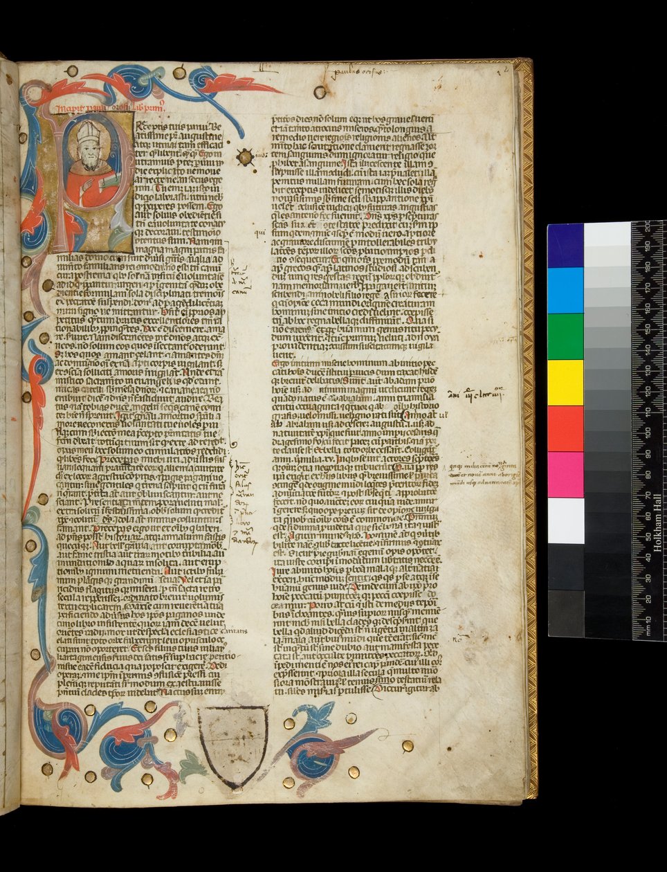 Bayan 370. Orosius, Historiarum Adversum Paganos Libri Septem, f.2r. Bir piskopos gibi giyinmiş yazarın portresi ve yaprak motifli kısmi bordür, Bologna veya Padua by Italian School