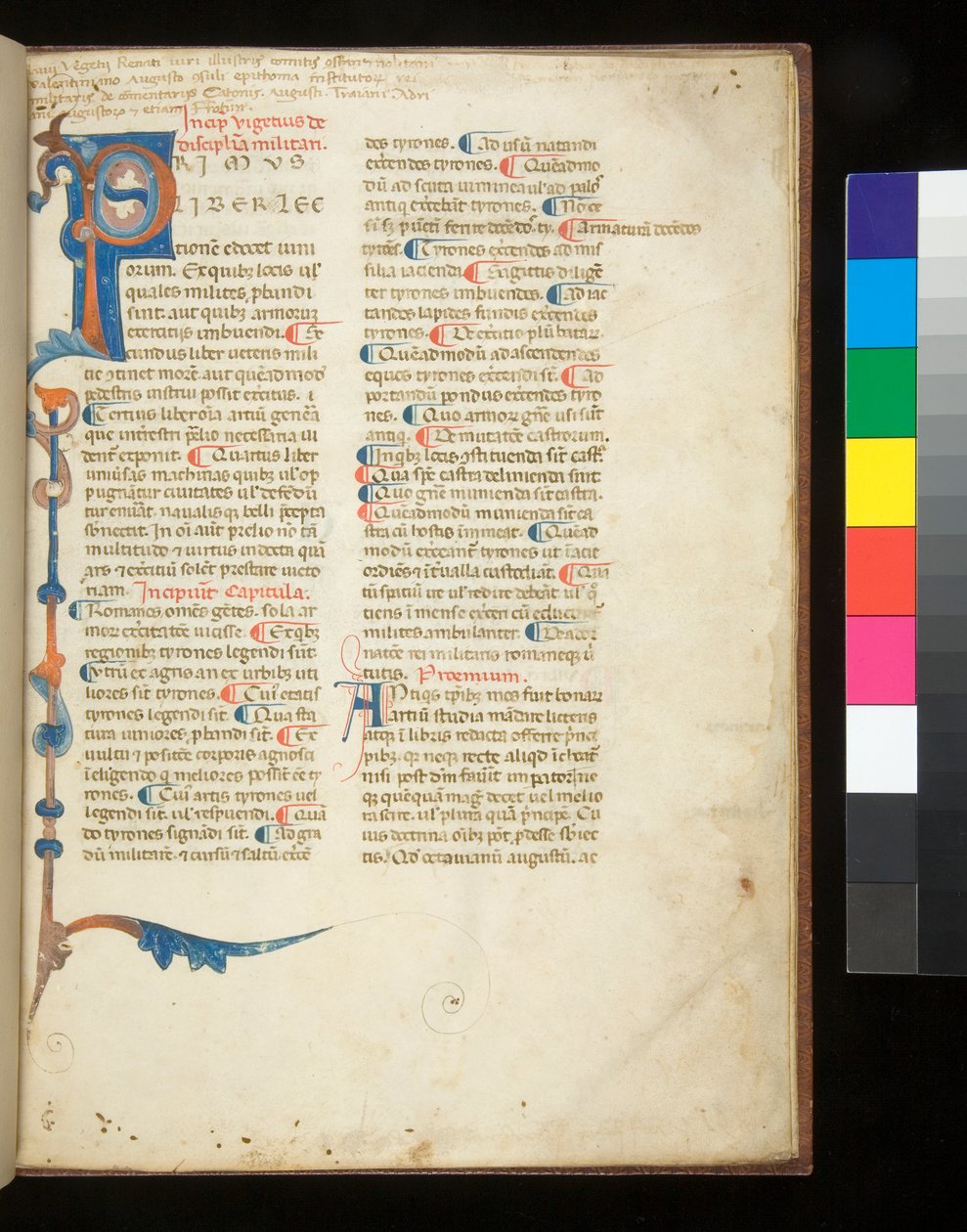 Ms 398. Vegetius, Epitoma rei militaris, f.1r. Kısmi bir payanda ve akantus sınırı oluşturacak şekilde uzanan süslü başlangıç [P], Padua?, 13. Yüzyılın sonları (parşömen) by Italian School