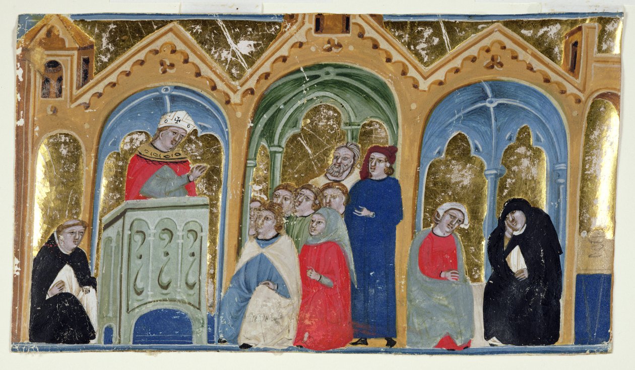 Ms. 400-2000: Bir cemaate vaaz veren bir piskoposu gösteren Gratians Decretum