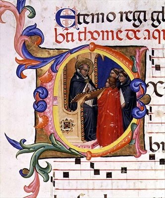 Ms 559 f.285v Paolo SOldini tarafından aydınlatılan Santa Maria Novella Mezmurundan bir kürsüde diğer keşişlerle sohbet eden bir keşişi betimleyen tarihi ilk 