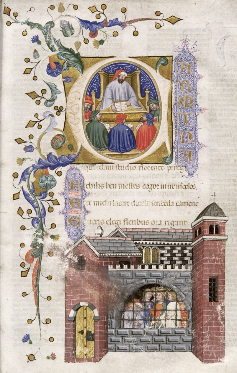 Bayan Hunter 374 f.4r Boethius Hapisteki Öğrencilerle, De Consolation Philosophiae cum Commento