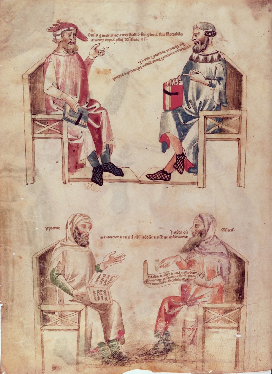 Ms Lat 6823 fol.1v Hippocrates (c.460-c.377) ve Hunayn ibn Ishaq (808-73) ve Hipokrat ve Claudius Galenus (c.131-c.201), Manfredus de Monte Imperiali tarafından De Herbis