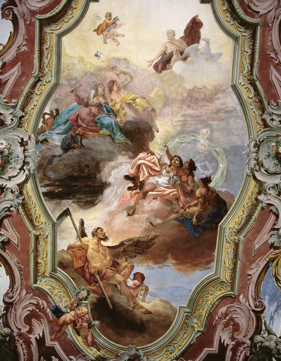 Jüpiter, Juno, İlham Perileri ve Zaman Baba ile Mitolojik Sahne by Italian School
