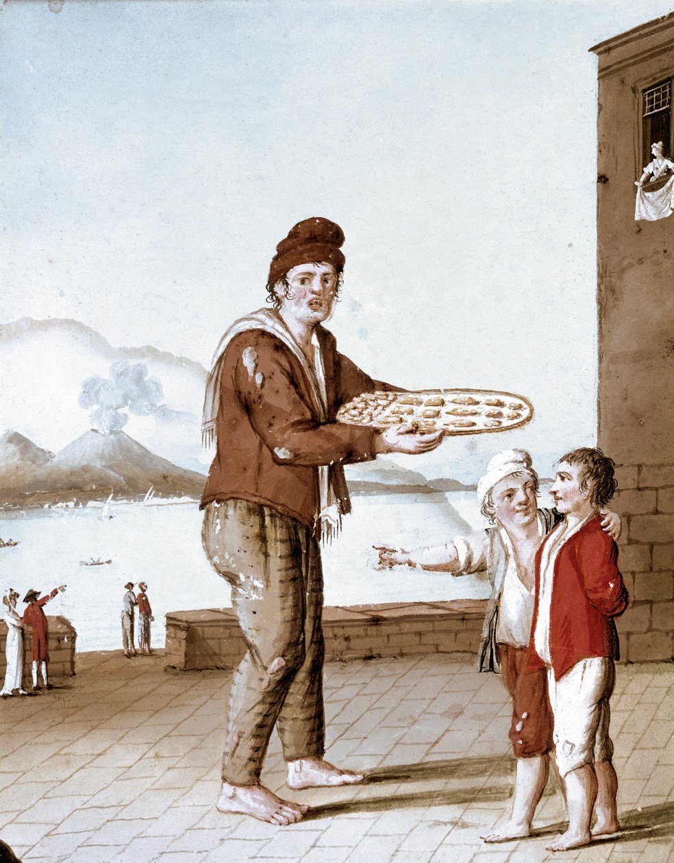 Napoliten küçük metiers: “” pasticiotti”” satıcısı (Napoliten kumları) - (Eski ticaret: bisküvi satıcısı) 19. yüzyılın suluboyası - Napoli Museo Nazionale di San Martino by Italian School