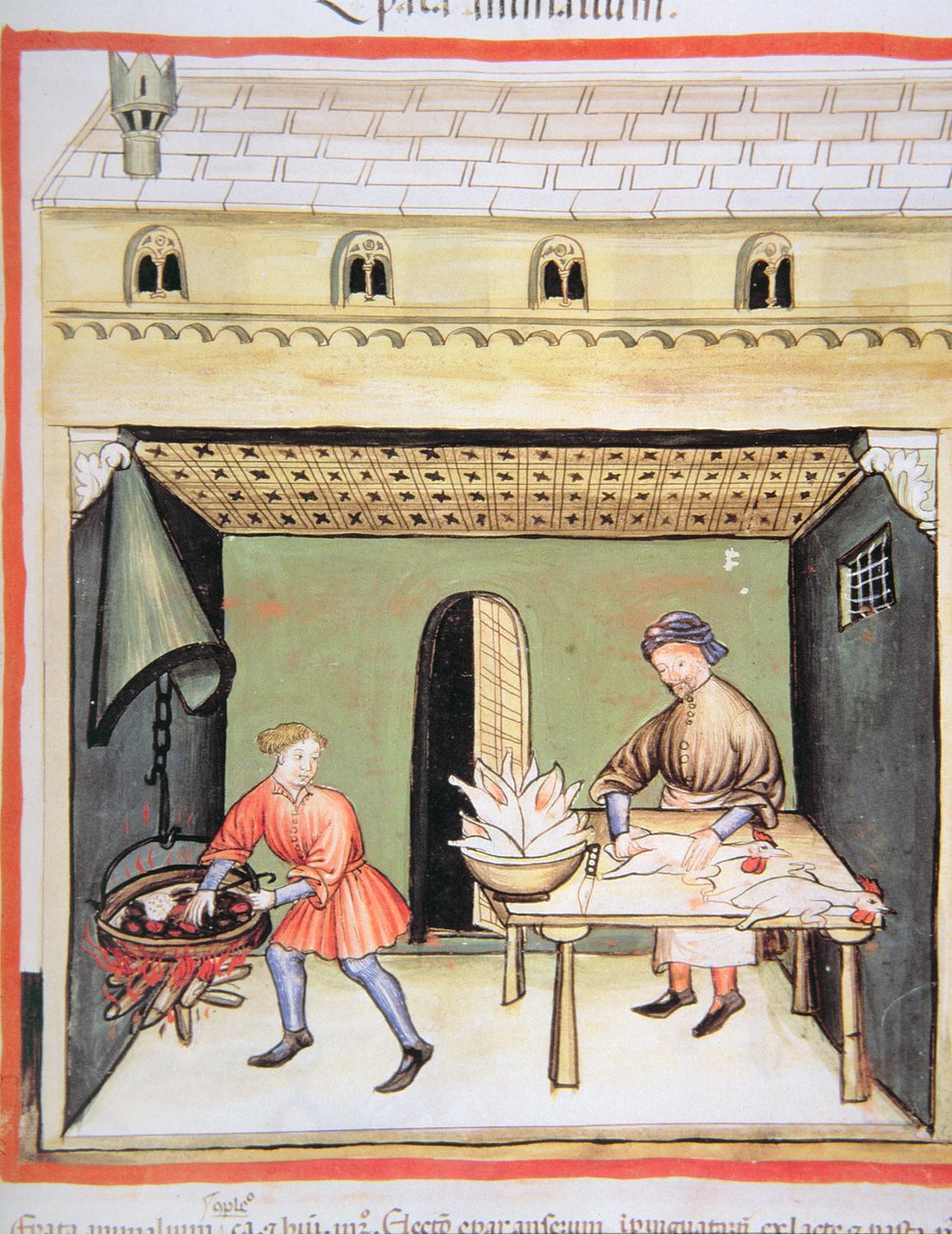 Nova 2644 fol.80r Kasaplar: Karaciğer pişirme, Tacuinum Sanitatis