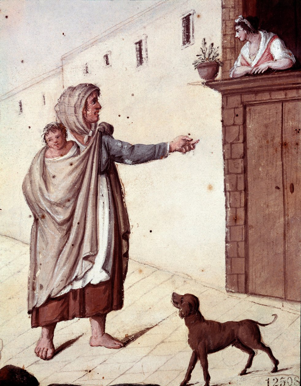 Eski Napoliten ölçüleri: Napoli sokaklarında bir dilenci ve çocuğu - (Eski Napoli esnafı: bir dilenci) 19. yüzyılın suluboyası - Napoli Museo Nazionale di San Martino by Italian School